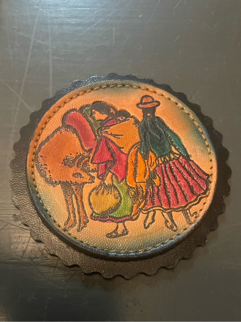 Trinket Art from Ecuador Painted Leather Round Patch with Folk Scene Multicolor